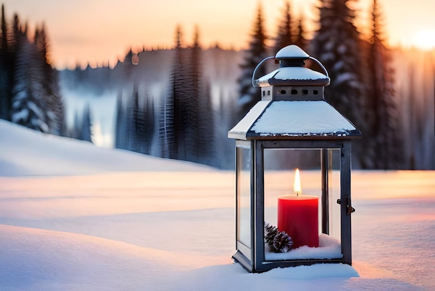 Zdjęcie zdjęcie latarnia bożonarodzeniowa z gałązką jodły i dekoracją na zaśnieżonym stole rozmyte tło