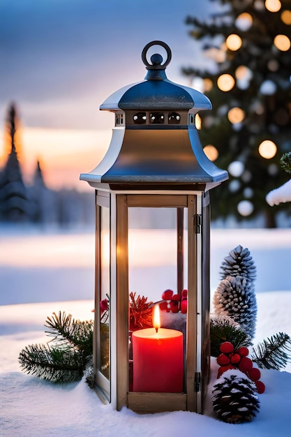 zdjęcie latarnia bożonarodzeniowa z gałązką jodły i dekoracją na zaśnieżonym stole rozmyte tło