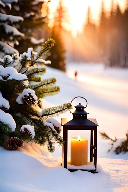 zdjęcie latarnia bożonarodzeniowa z gałązką jodły i dekoracją na zaśnieżonym stole rozmyte tło