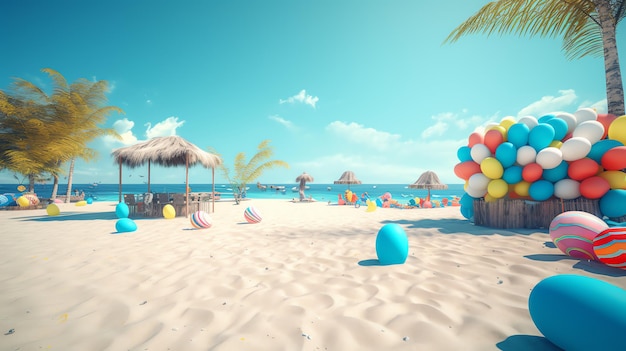 Zdjęcie letniej imprezy na plaży z kolorowym balonem wygenerowanym przez ai