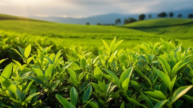 zdjęcie liści zielonej herbaty pąki herbaty plantacje zielonej herbaty w porannej przyrodzie w promieniach słońca