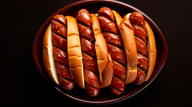 Zdjęcie zdjęcie lotnicze ciemnych hot-dogów w misce