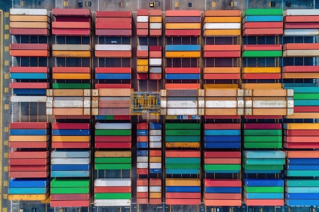 Zdjęcie lotnicze kontenerowca przewożącego kontenery biznesowe dla przedsiębiorstwa importowo-eksportowego Generative AI