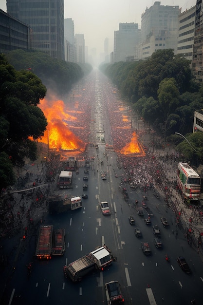 Zdjęcie lotnicze Mexico City Paseo de la Reforma apokaliptyczny chaotyczny dym