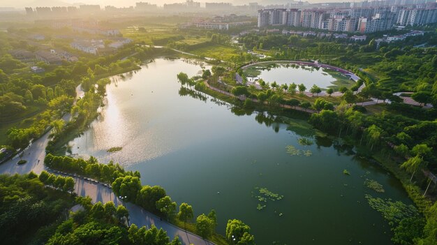 Zdjęcie lotnicze naturalnego krajobrazu Huayang Lake Wetland Park Dongguan China Generative AI