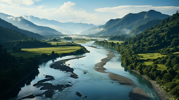 Zdjęcie lotnicze rzeki w bujnego lasu tropikalnego z górami w oddali