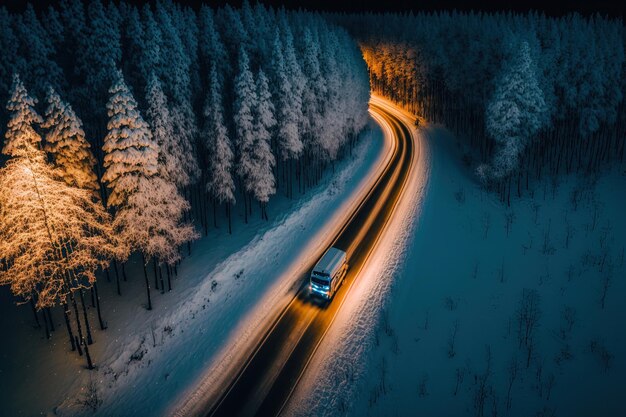 Zdjęcie lotnicze samochodu w lesie na zaśnieżonej drodze w nocy zdjęcie drona