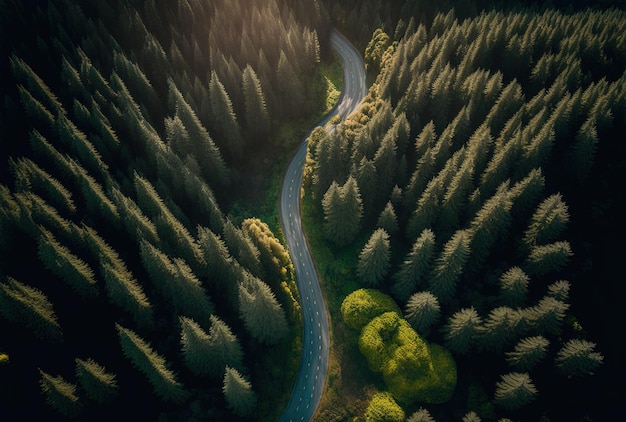 Zdjęcie lotnicze wiejskiej drogi przez las górski i bujny