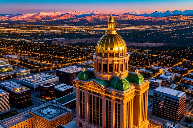 Zdjęcie lotnicze z drona Oszałamiający złoty zachód słońca nad stolicą stanu Kolorado i Rocky Mo