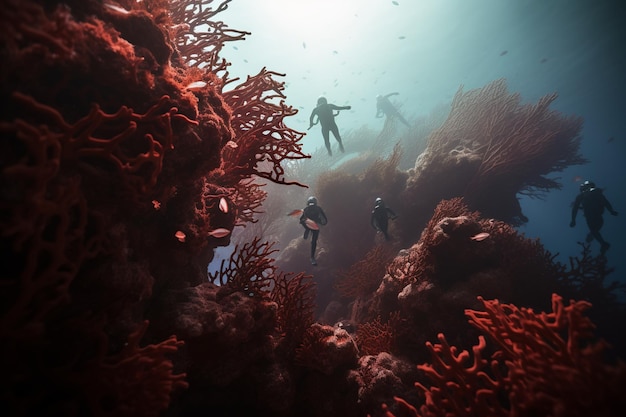 Zdjęcie ludzi nurkujących na żywych rafach koralowych