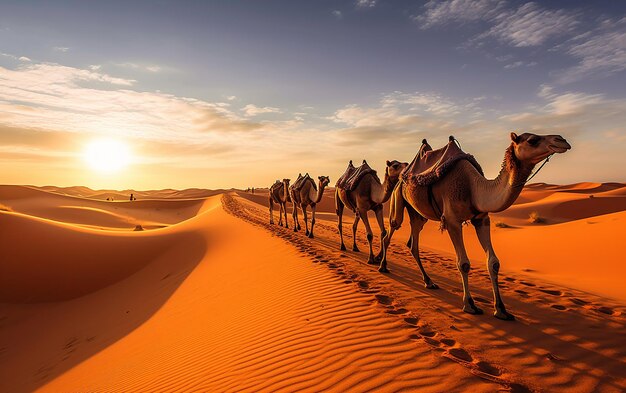 Zdjęcie ludzi podróżujących przez pustynię z wielbłądami