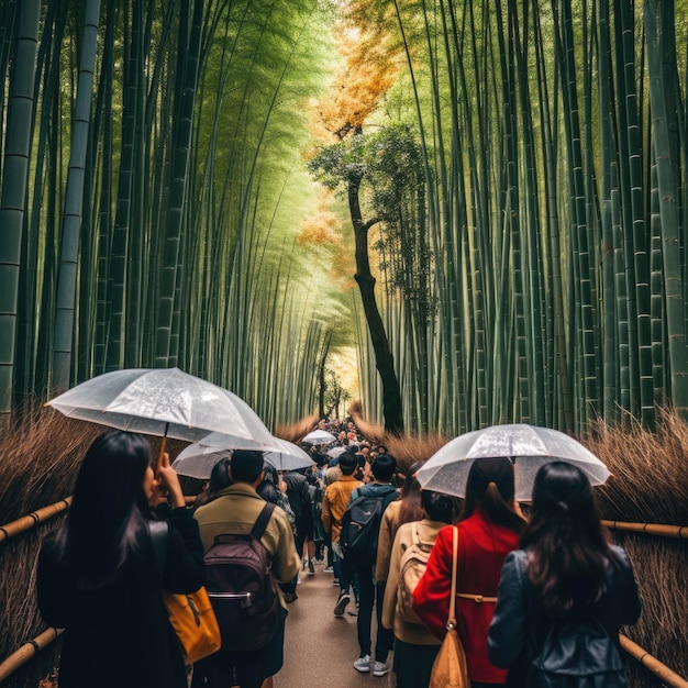 zdjęcie ludzi przed lasem bambusowym Arashiyama w Japonii