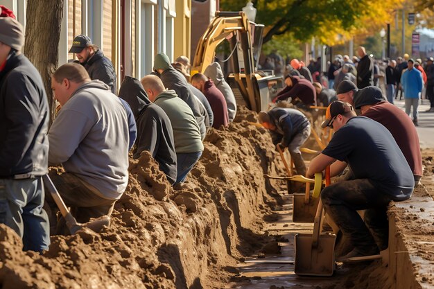 Zdjęcie zdjęcie ludzi przygotowujących worki z piaskiem na powódź