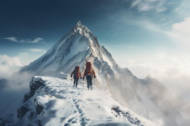 Zdjęcie ludzi wędrujących po górach z świeżym śniegiem