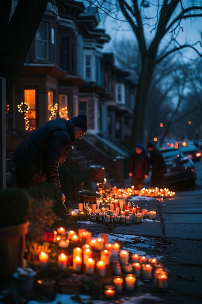 Zdjęcie ludzi zapalających świece Hanukkah przed swoimi domami w festiwalowym koncepcie wakacyjnym