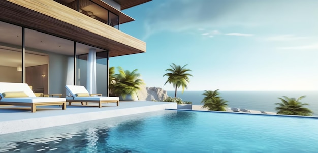Zdjęcie luksusowego hotelu z basenem w tle widoku plaży ai wygenerowane