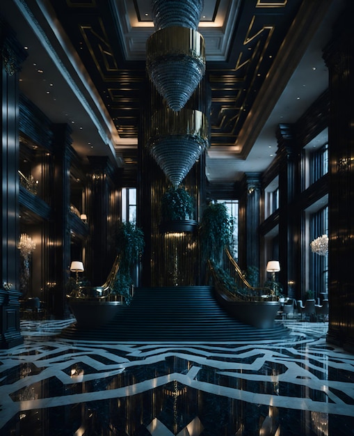 Zdjęcie luksusowego pokoju z wspaniałymi schodami i eleganckim żyrandolem
