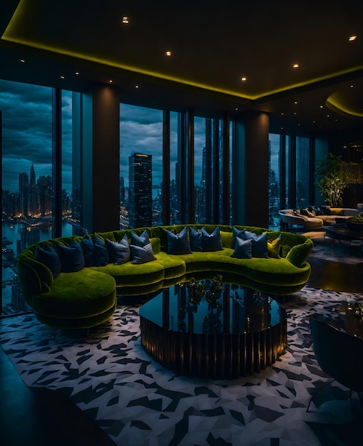 Zdjęcie luksusowego salonu wypełnionego obfitością zielonych mebli
