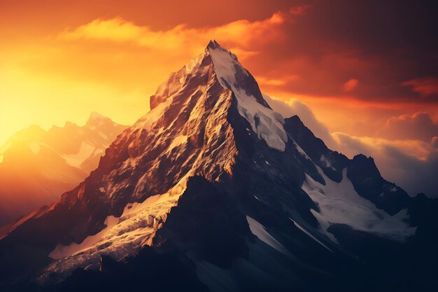 Zdjęcie majestatycznego szczytu góry o świcie spokojny krajobraz