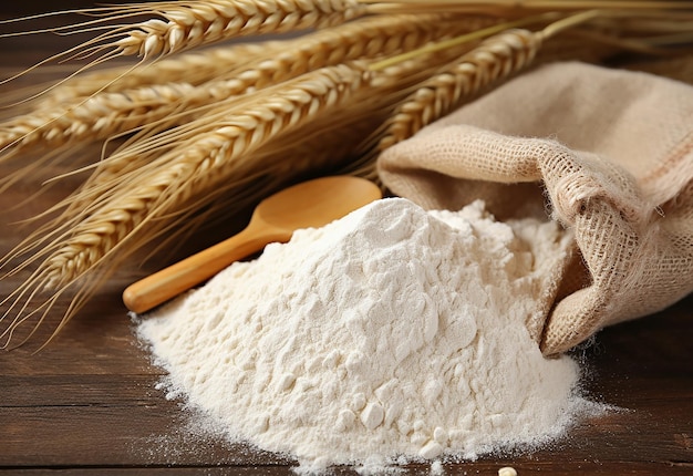 Zdjęcie mąki pszennej w drewnianej misce ze strąkami iglic pszenicy