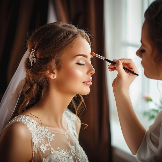 Zdjęcie makijażystki robiącej elegancki makijaż kobiecie ślubnej