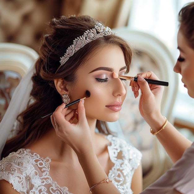 Zdjęcie makijażystki robiącej elegancki makijaż kobiecie ślubnej