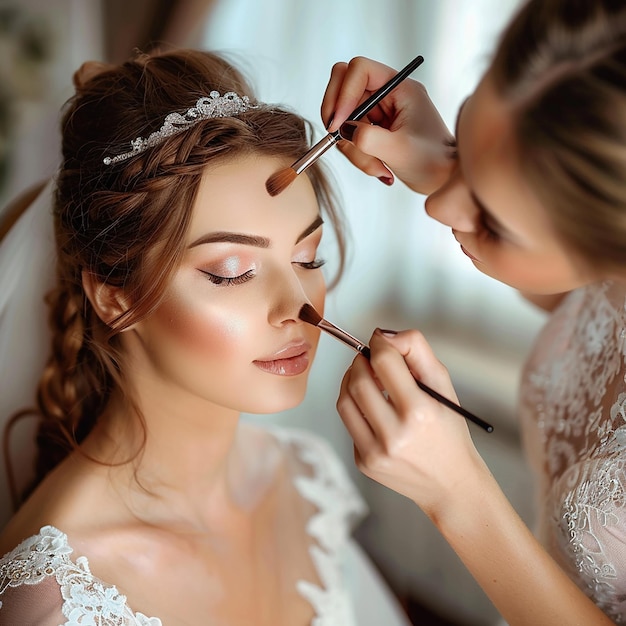 Zdjęcie zdjęcie makijażystki robiącej elegancki makijaż kobiecie ślubnej