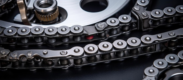 Zdjęcie makro łańcucha motocyklowego podkreślające jego skomplikowane szczegóły i szorstką teksturę