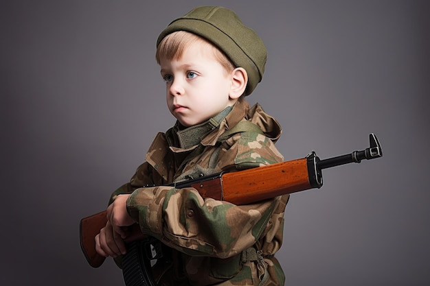 Zdjęcie zdjęcie małego chłopca w wojskowym stroju trzymającego broń stworzoną za pomocą generatywnej sztucznej inteligencji