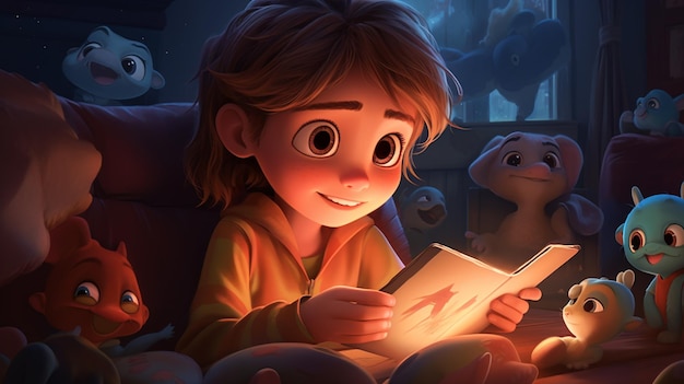 zdjęcie małego dziecka czytającego wieczorem bajkę w swoim pokoju pełnym entuzjazmu