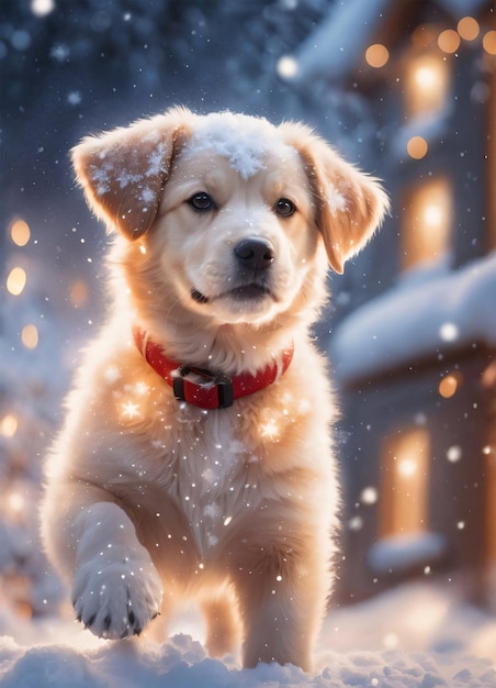 Zdjęcie małego szczeniaka w śniegu w czasie świąt Bożego Narodzenia