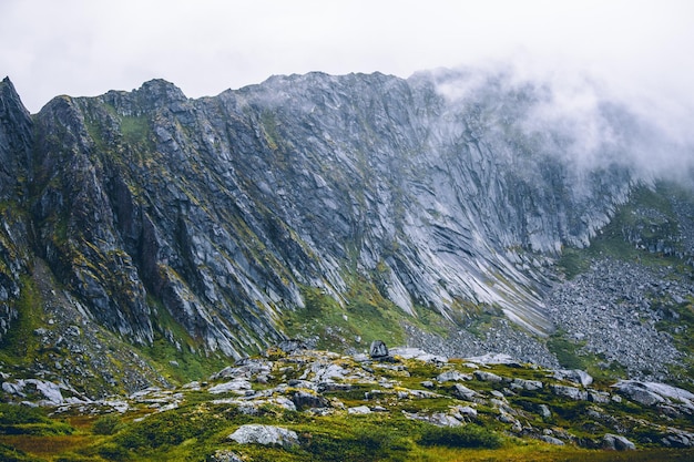 Zdjęcie malowniczych wyżyn z roślinnością zachmurzone niebo w Norwegii latem