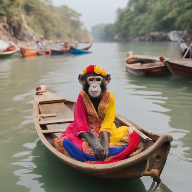 Zdjęcie małpy siedzącej w łodzi wygenerowane przez sztuczną inteligencję