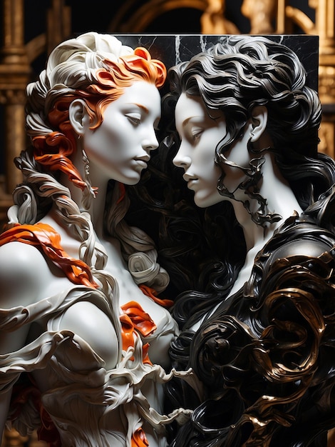 Zdjęcie marmurowej rzeźby dwóch kobiet w różnych kolorach