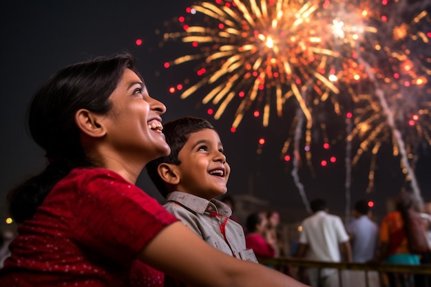 Zdjęcie matki i syna oglądających kolorowe fajerwerki z okazji święta Diwali w Indiach
