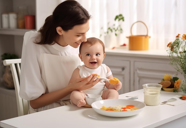 Zdjęcie matki karmiącej dziecko jedzące zdrową żywność