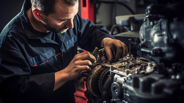 Zdjęcie mechanika sprawdzającego i wymieniającego czujniki położenia wałka rozrządu w samochodzie