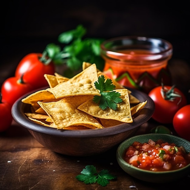 zdjęcie meksykańskich chipsów nachos i sosu w misce