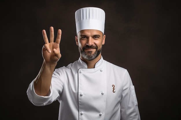 zdjęcie męskiego kucharza w białym mundurze robiącego smaczny znak na szarym tle