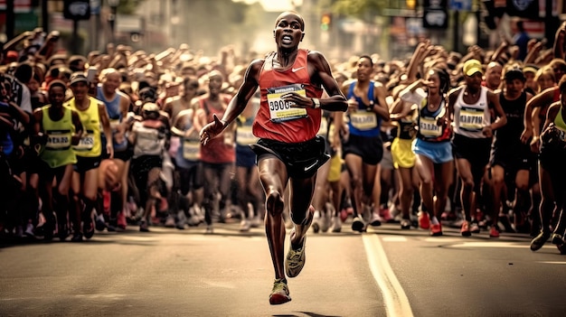 Zdjęcie zdjęcie mężczyzny biegającego w maratonie na oczach wiwatującego tłumu