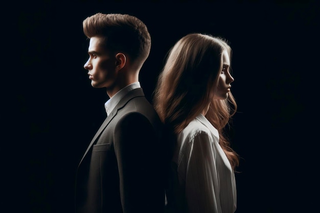 zdjęcie mężczyzny i kobiety stojących z plecami do siebie rozwód koncepcja na czarnym tle