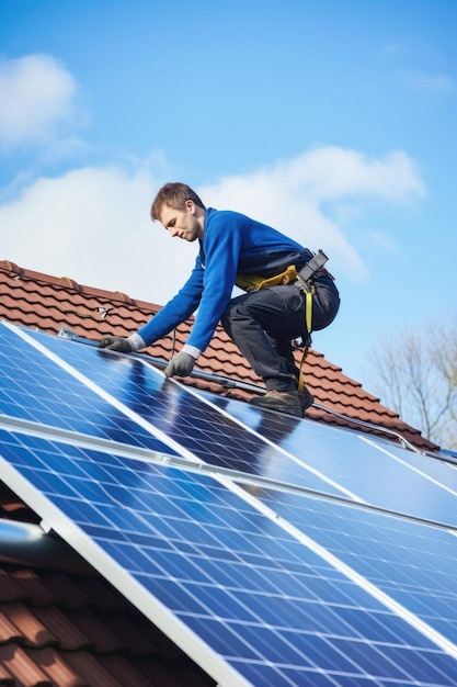 Zdjęcie mężczyzny instalującego panele słoneczne na dachu swojego domu stworzone za pomocą generatywnej sztucznej inteligencji