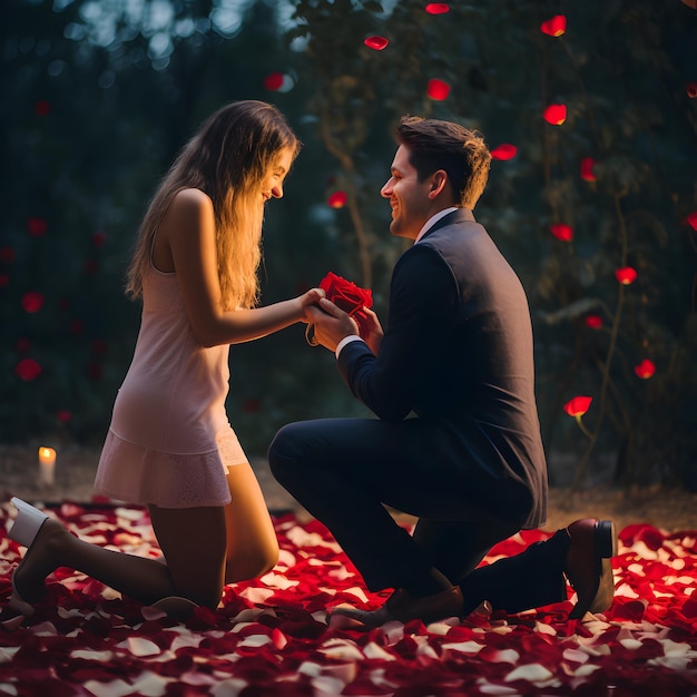 Zdjęcie mężczyzny klęczącego wręczającego czerwone róże kobiecie w Dzień Walentynek