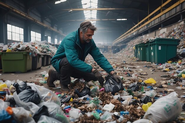 Zdjęcie mężczyzny sortującego śmieci w zakładzie recyklingu stworzonym za pomocą generatywnej AI