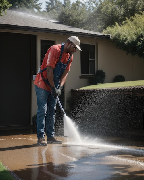 Zdjęcie mężczyzny sprzątającego dom wysokim ciśnieniem wody