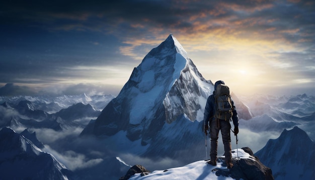 Zdjęcie zdjęcie mężczyzny stojącego na szczycie pokrytej śniegiem góry