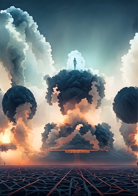 Zdjęcie mężczyzny stojącego na szczycie wypełnionego chmurami nieba