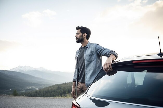 Zdjęcie mężczyzny stojącego przed swoim samochodem przed wyjazdem na wycieczkę stworzone za pomocą generatywnej sztucznej inteligencji
