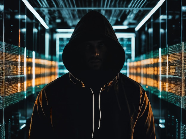 zdjęcie mężczyzny w czarnej bluzie z kapturem w serwerowniowym centrum danych z generatywną sztuczną inteligencją w świetle neonów
