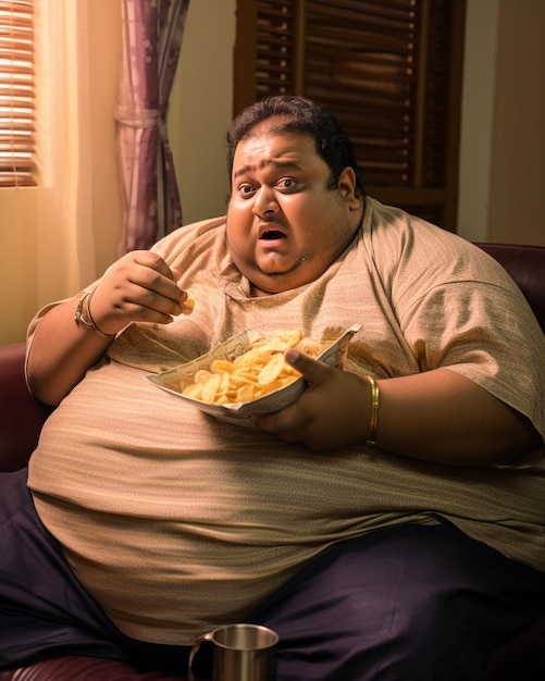 Zdjęcie mężczyzny z Indii z nadwagą, siedzącego na kanapie w domu i jedzącego chipsy